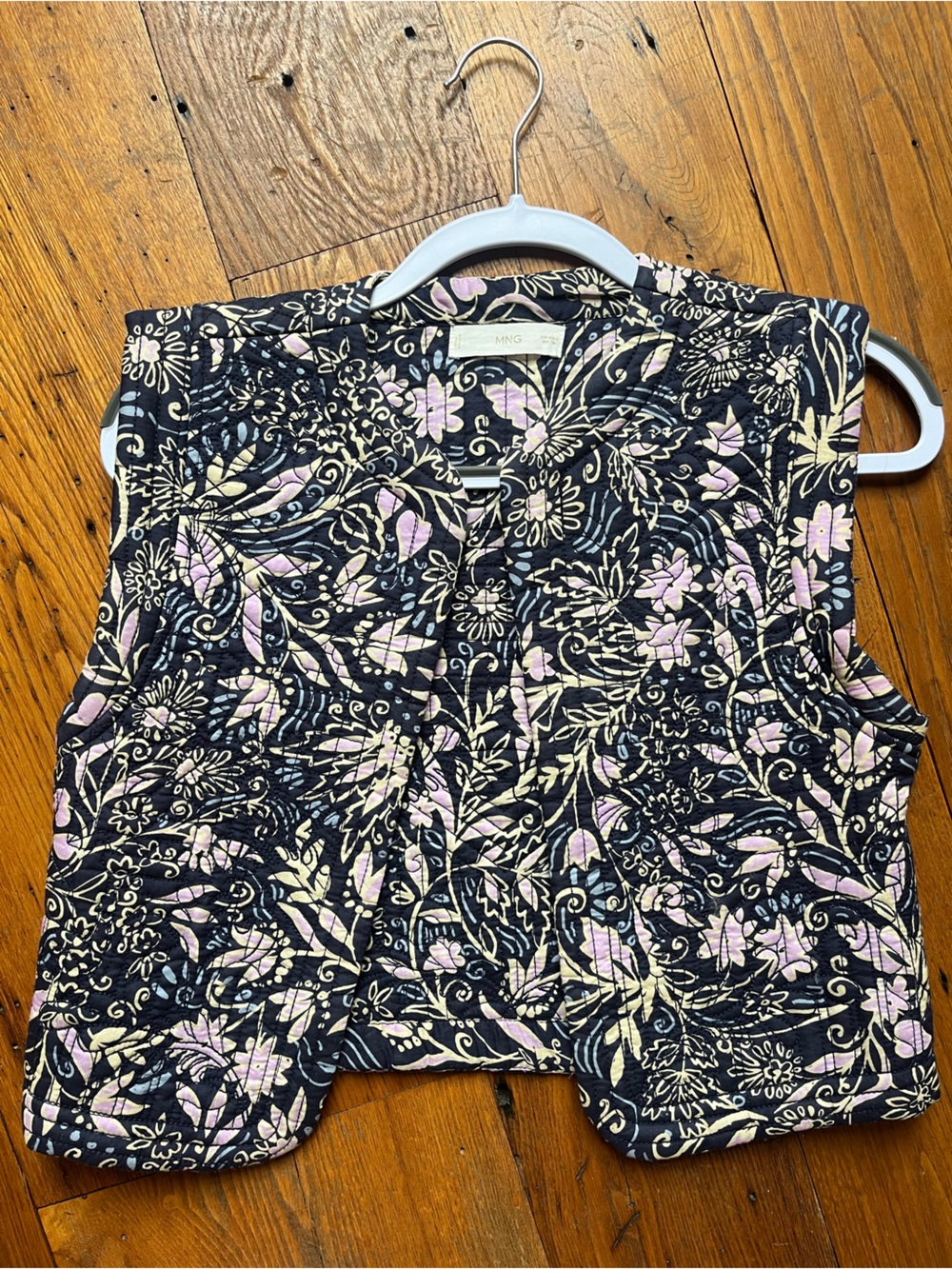Mango Black Quilted Floral Vest with Pale Pink and Cream Accents Size S